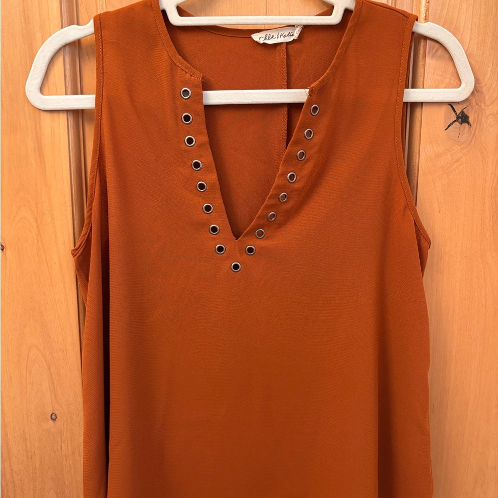 Rust Sleeveless Blouse with Eyelet V-Neck
